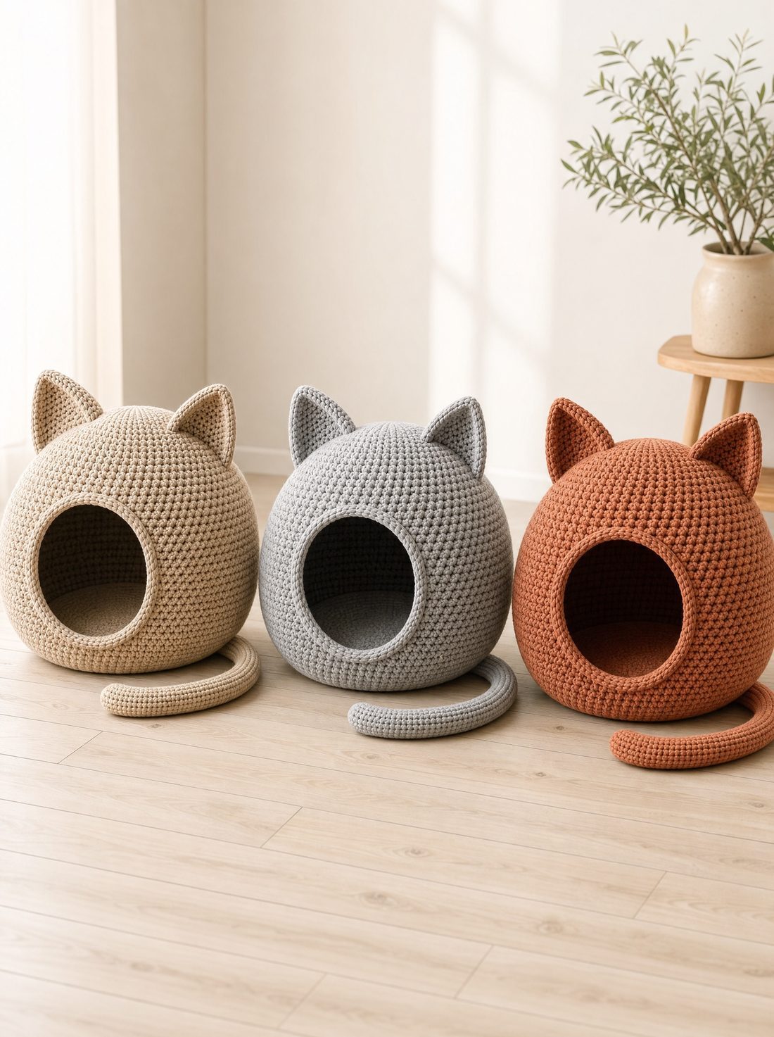 Three cat caves in different colours