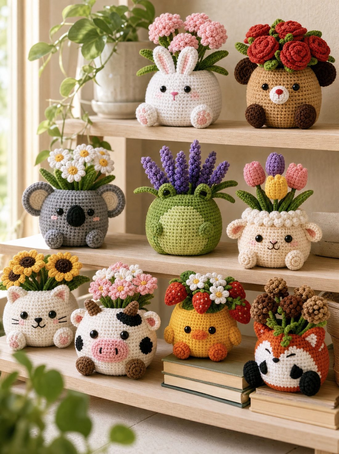Pots on a shelf with plants