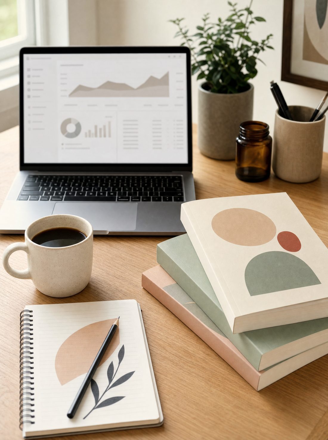 A publishing desk with a laptop and paperback books