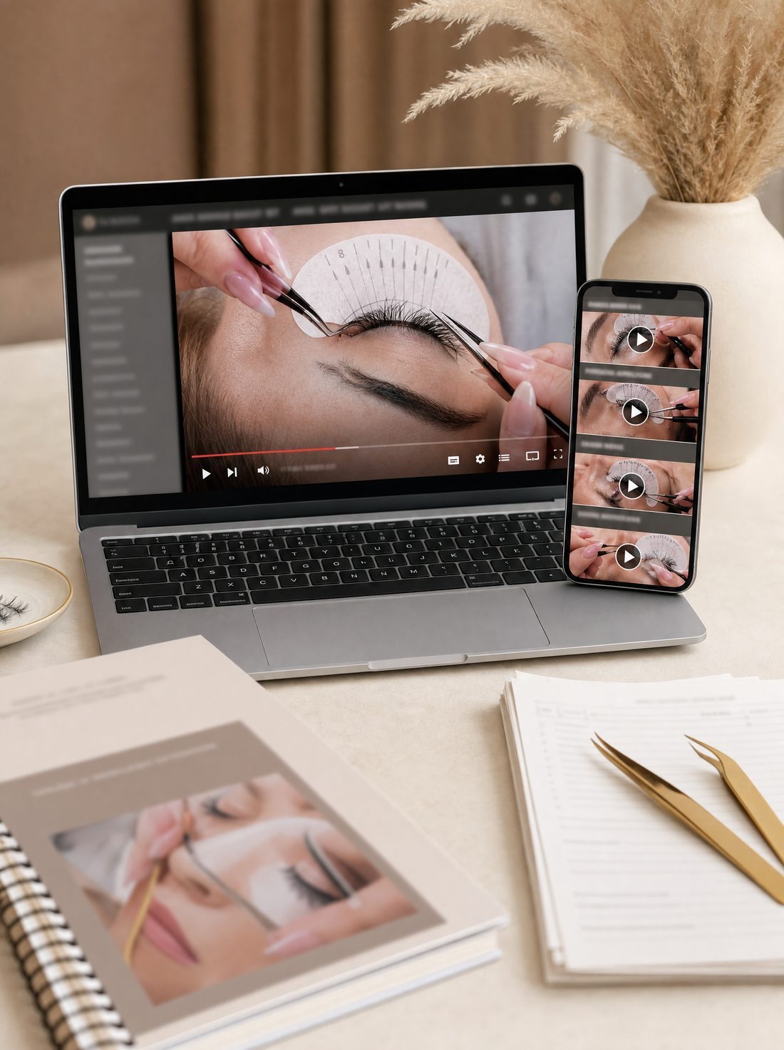 The lash academy kit open on a laptop and phone