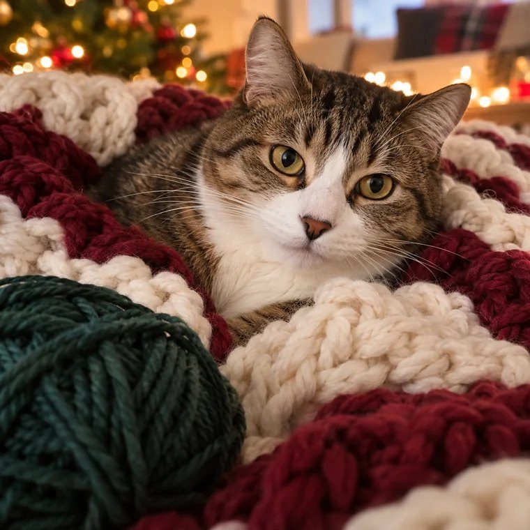 A relaxed tabby and white cat resting beside soft green yarn and a cozy blanket.